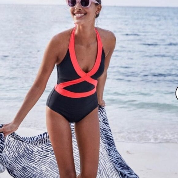 Boden Kefalonia Navy Blue Pink Padded Halter Neck One Piece Swimsuit Size US 2 - Picture 1 of 8